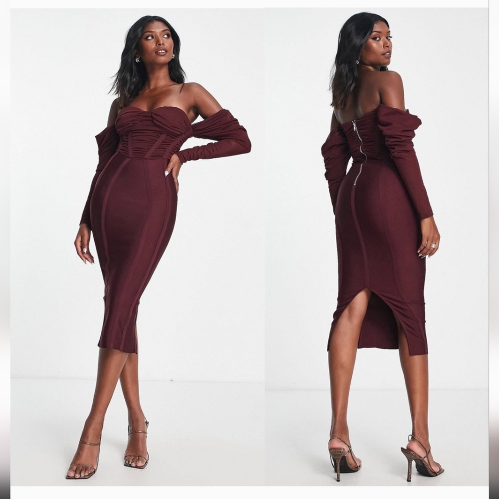 NWT- ASOS sz.6 off-shoulder corset midi dress in wine